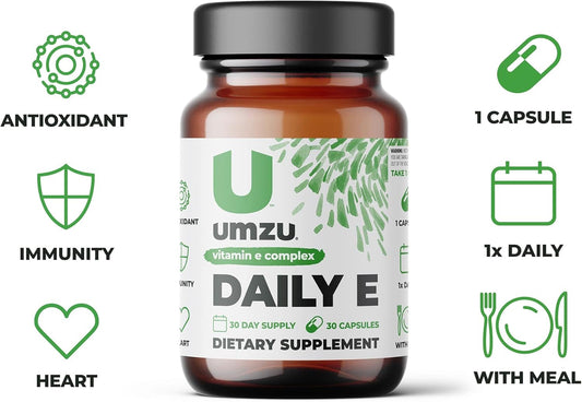 Umzu Daily E Vitamin E Capsules | 100% Of Daily Vitamin E | Sustainably Sourced Full Spectrum Tocopherols & Tocotrienols With Antioxidants For Immune Support (30 Days Of Supply | 30 Capsules)