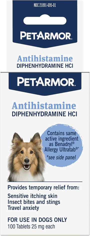 Petarmor Antihistamine Allergy Relief For Dogs, Easy-To-Use Allergy Medicine For Dogs, Anti-Itch Medicine Provides Relief From Insect Bites, And Stings, 100 Tablets