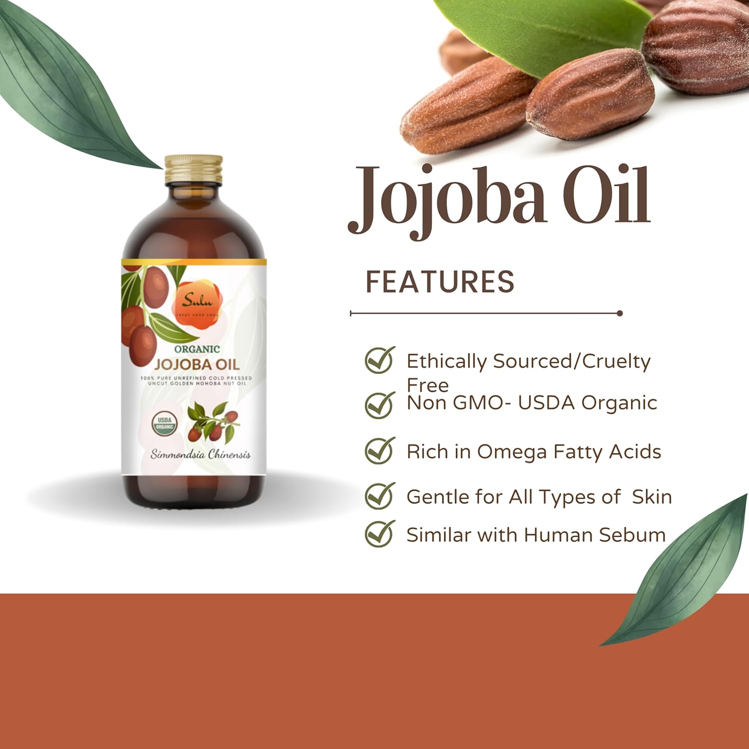 SULU ORGANICS Jojoba Oil- USDA Organic Cold Pressed Unrefined Golden Hohoba Nut Oil (8 oz) : Beauty & Personal Care