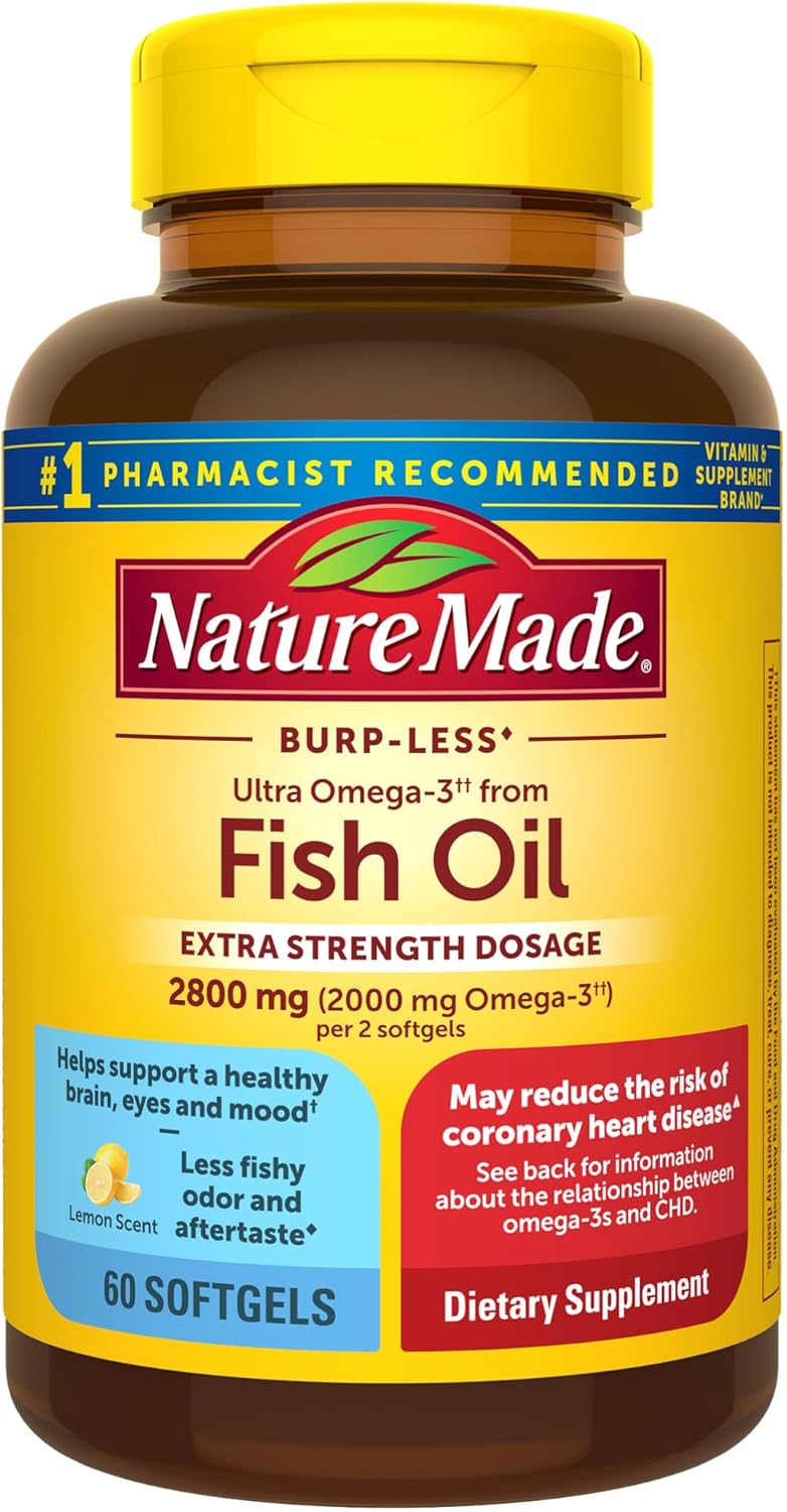 Nature Made Extra Strength Omega 3 Fish Oil Supplements, 2800Mg, Fish Oil Omega 3 Supplements As Ethyl Esters For Healthy Heart, Brain, Eyes, Mood Support, 60 Softgels, 30 Day Supply