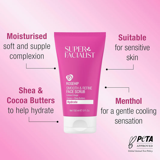 Super Facialist Rosehip Hydrate, Brighten & Refine Face Scrub - Delicate Cleanser & Exfoliator With Shea Butter & Cucumber Oil For Sensitive Skin, Gentle Face Care, Vegan Friendly, 150Ml