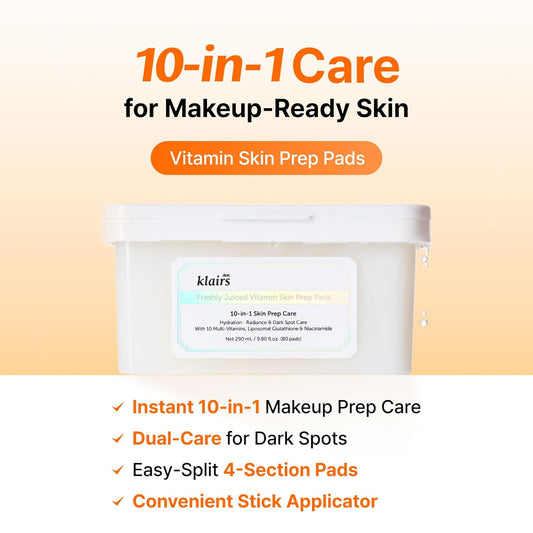 Dearklairs Freshly Juiced Vitamin Toner Pads, Makeup Prep, Liposomal Glutathione, Easy-Split, Glow, Glass Skin, Exfoliation, 80 Pads