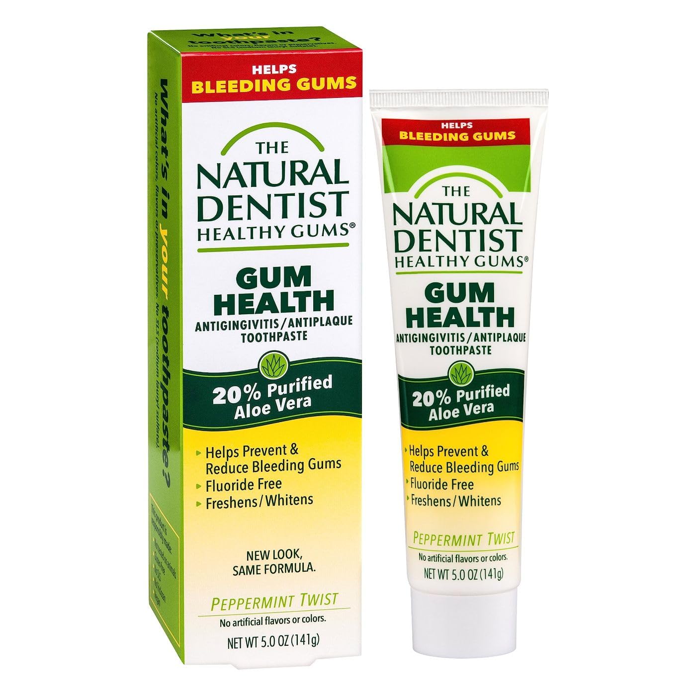 The Natural Dentist Gum Health Toothpaste, 20% Purified Aloe Vera Formula, Fluoride-Free, Peppermint Twist Flavor, Supports Healthy Gums, Prevents Gingivitis, Removes Plaque, Whitens Teeth, 5Oz Tube