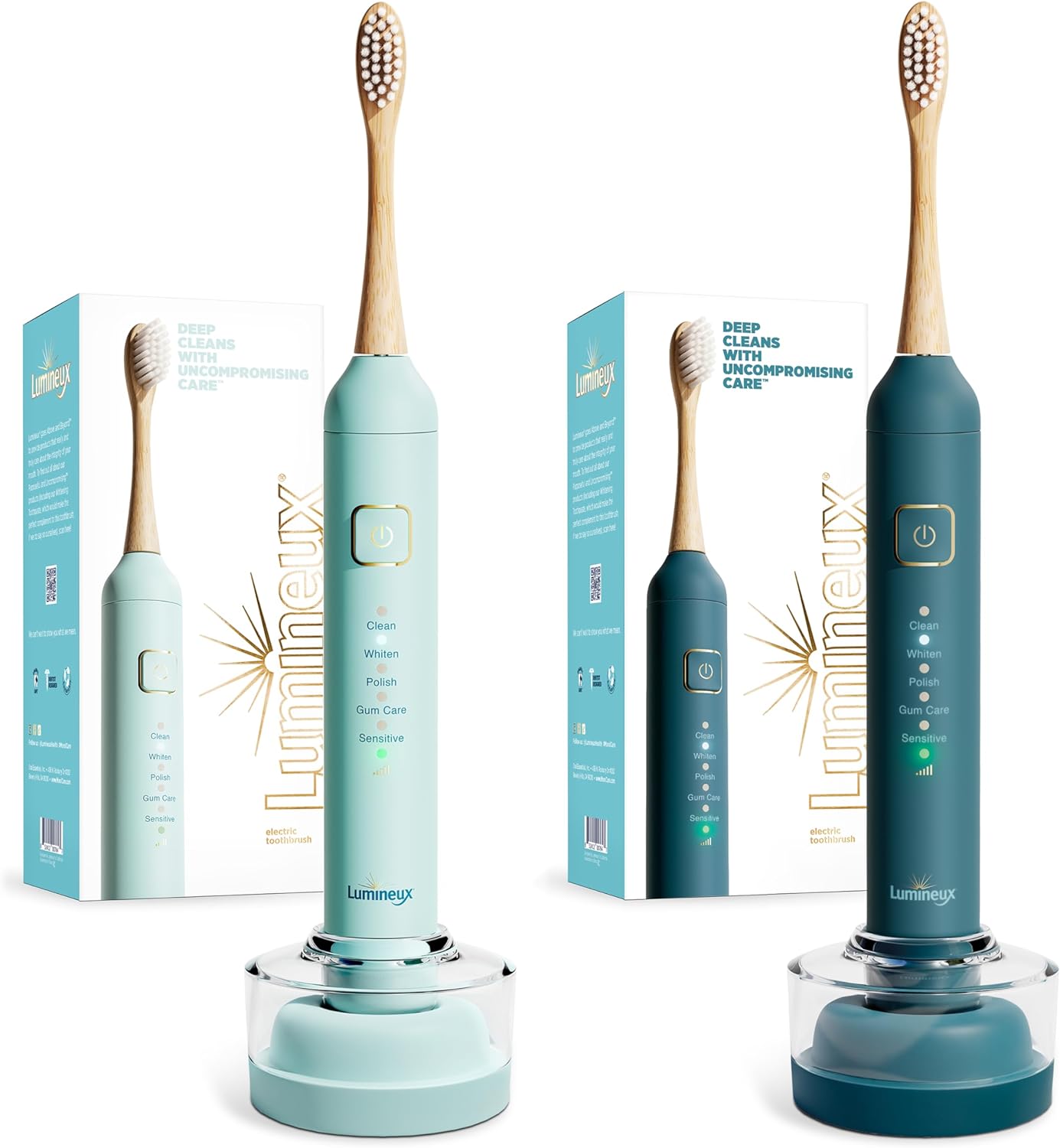 Lumineux Sonic Electric Toothbrush for Adults - Two (2) Toothbrushes with Bamboo Heads - Crystalline (Light Blue) & Deep Ocean(Blue) - Includes 2 Super Soft Bristle Bamboo Tooth Brush Heads, Charging