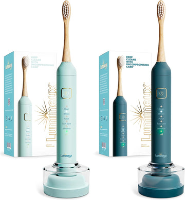 Lumineux Sonic Electric Toothbrush for Adults - Two (2) Toothbrushes with Bamboo Heads - Crystalline (Light Blue) & Deep Ocean(Blue) - Includes 2 Super Soft Bristle Bamboo Tooth Brush Heads, Charging