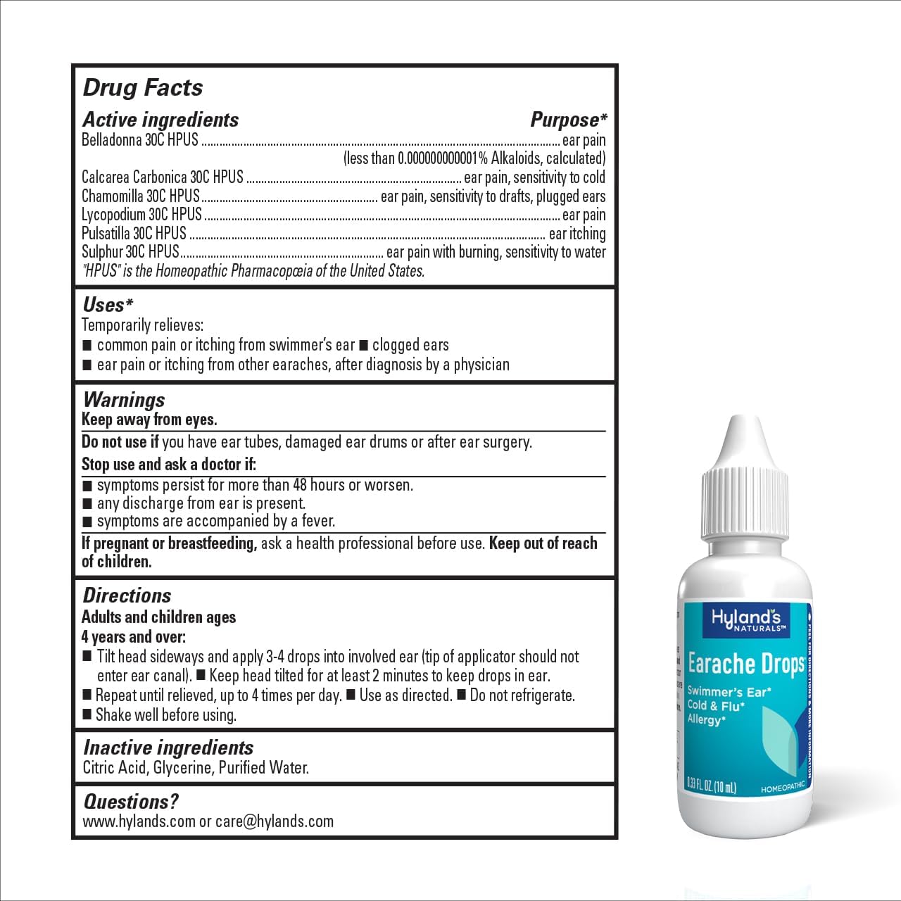 Hyland's Naturals Earache Drops, Natural Relief of Swimmer's Ear, Cold & Flu, Allergy Symptoms, Ages 4 & up, Day & Night, 0.33 Fl Oz : Health & Household