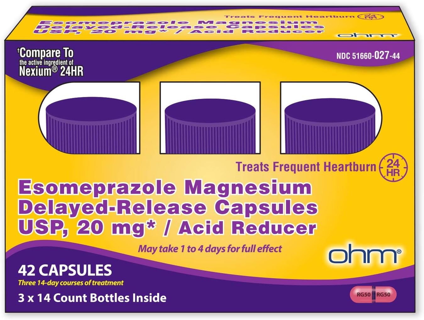 Ohm Esomeprazole Magnesium Delayed Release Capsules 20Mg - Frequent Heartburn & Acid Reflux Relief, 24 Hour Chest & Stomach Acid Reducer, Antacid Pills, Digestive Support (42 Capsules) - 3 Pack
