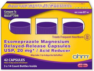 Ohm Esomeprazole Magnesium Delayed Release Capsules 20Mg - Frequent Heartburn & Acid Reflux Relief, 24 Hour Chest & Stomach Acid Reducer, Antacid Pills, Digestive Support (42 Capsules) - 3 Pack