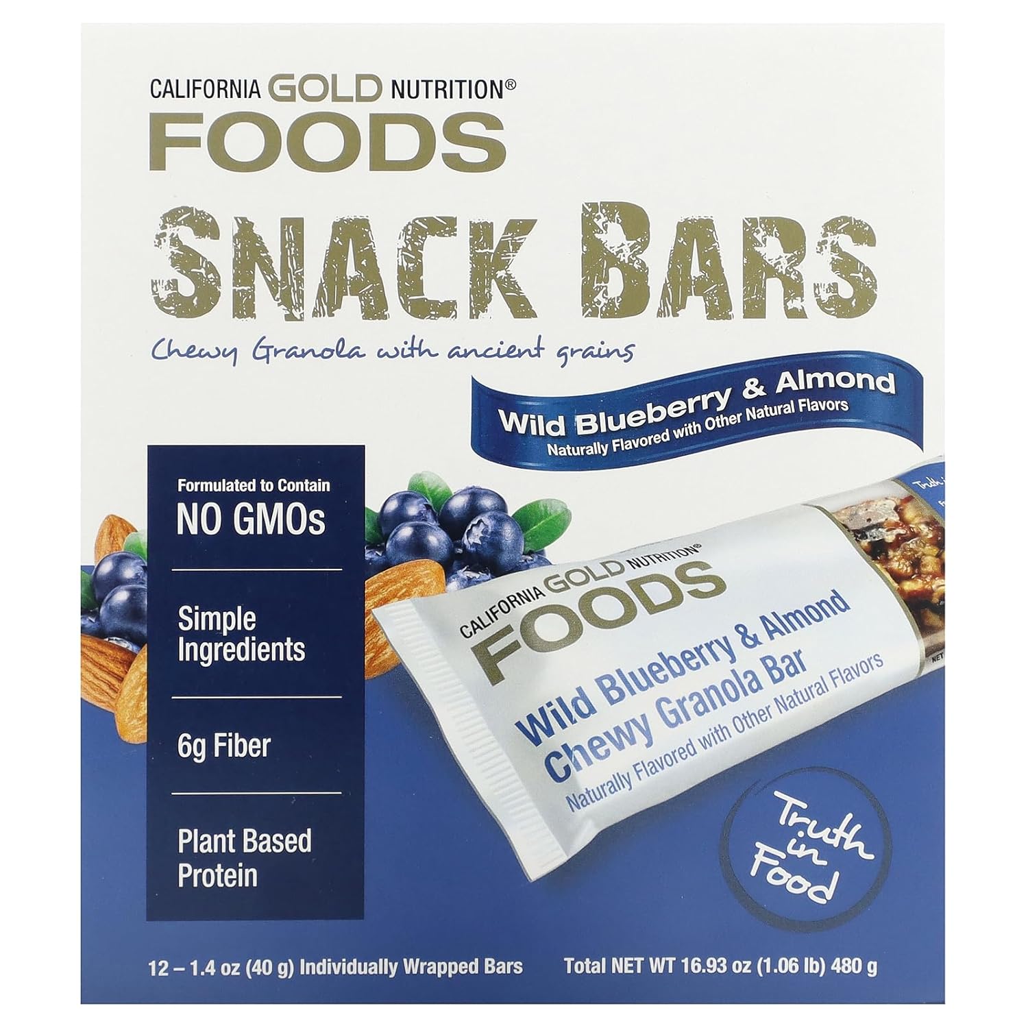 California Gold Nutrition Foods, Wild Blueberry & Almond Chewy Granola Bars, 12 Bars, 1.4 Oz (40 G) Each