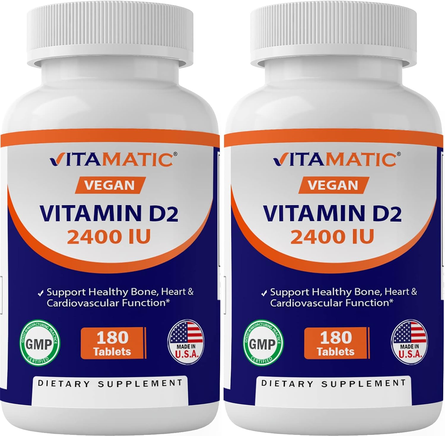 Vitamatic Vitamin D2 60 mcg (2400 IU) - Ergocalciferol - 180 Vegetarian Tablets (180 Tablets (Pack of 1)) (2 Bottles)
