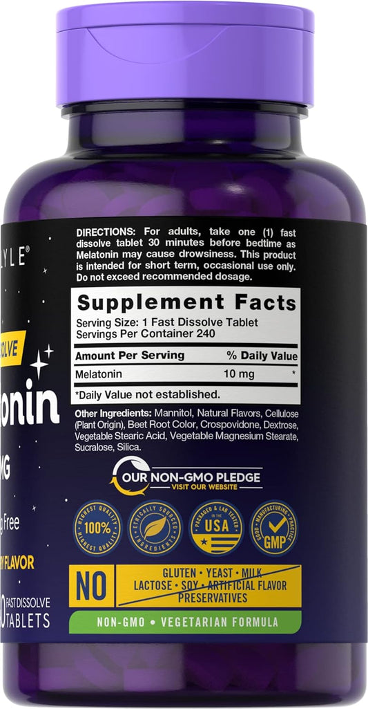 Carlyle Melatonin 10Mg | 240 Tablets | Berry Flavor Fast Dissolve Tablets | Drug Free Supplement | Vegetarian, Non-Gmo, Gluten Free