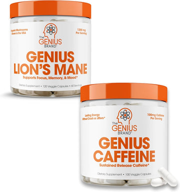Genius Optimal Performance Stack - Sustained Release Caffeine & Organic Lions Mane Capsules - Enhanced Focus, Memory & Clarity Nootropic Supplements