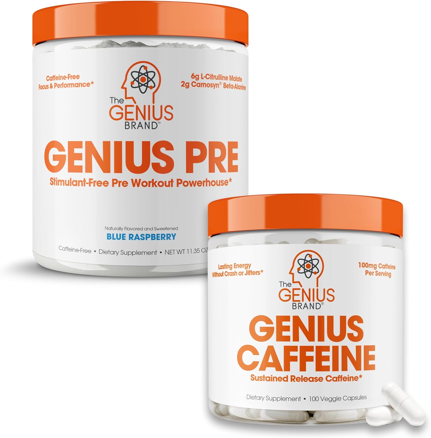 Genius Energy & Focus Bundle - Extended-Release Caffeine Pills & Blue Raspberry Pre-Workout - Natural Nootropic Brain Boost & Sustained Performance Stack