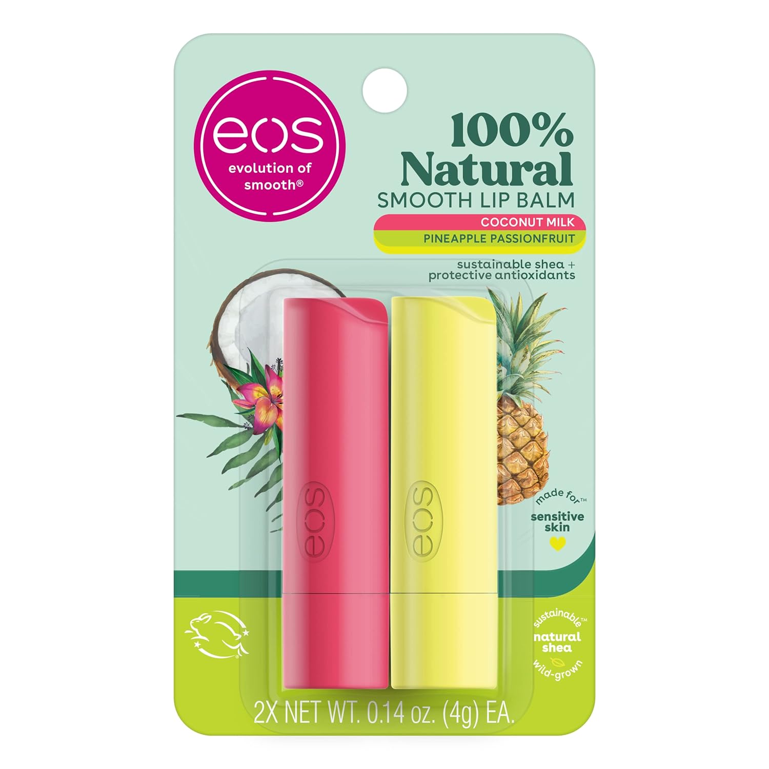 Eos 100% Natural Lip Balm- Coconut Milk And Pineapple Passionfruit, All-Day Moisture Lip Care, 0.14 Oz, 2 Pack