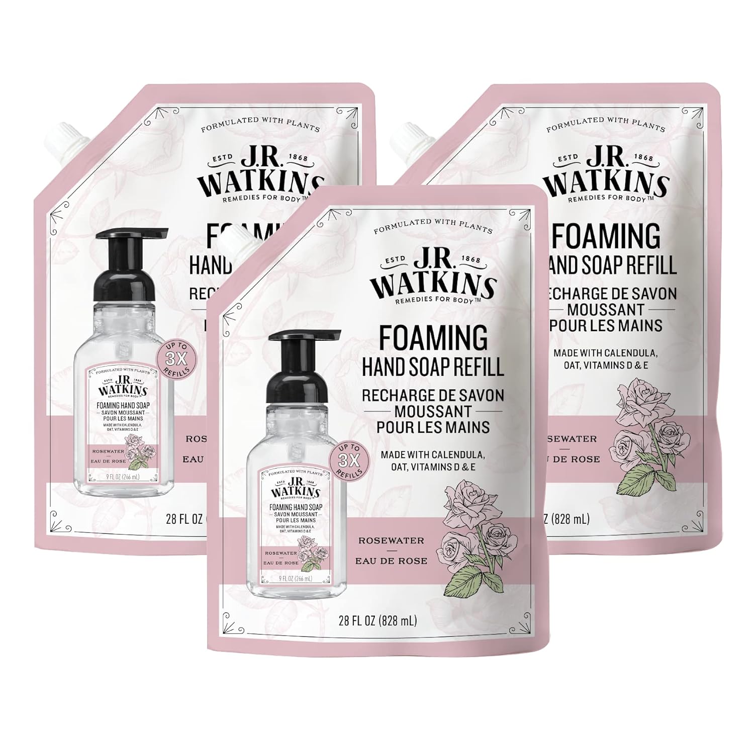 J.R. Watkins Foaming Hand Soap Refills, All Natural, Alcohol-Free Hand Wash, Cruelty-Free, Usa Made, Moisturizing Hand Soap Refill For Bathroom Or Kitchen, Rosewater, 28 Fl Oz Foam Soap Refill, 3 Pack
