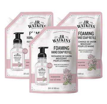 J.R. Watkins Foaming Hand Soap Refills, All Natural, Alcohol-Free Hand Wash, Cruelty-Free, Usa Made, Moisturizing Hand Soap Refill For Bathroom Or Kitchen, Rosewater, 28 Fl Oz Foam Soap Refill, 3 Pack