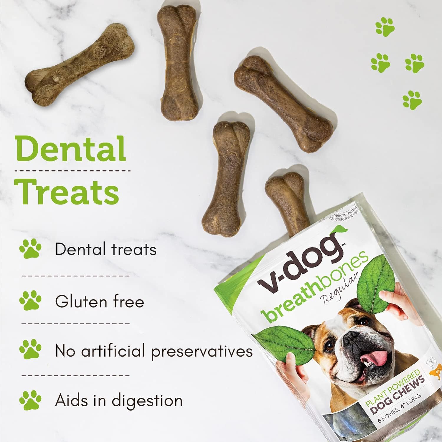 V-dog Dog Treats - Vegan Breathbone Teeth Cleaning Dental Dog Bones - Fresh Breath - 8 Ounces - All Natural - Made in USA - 6 Bones - 4" Long - Easy to Digest