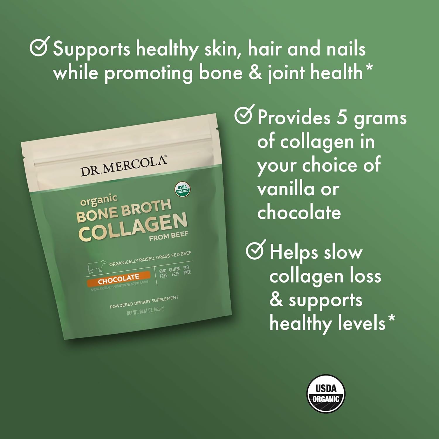 Dr. Mercola Organic Bone Broth Collagen Powder - Supports Bone Health & Muscle Growth - Usda Organic, Non-Gmo, Gluten-Free & Dairy-Free - 30 Servings - Chocolate Flavor : Health & Household