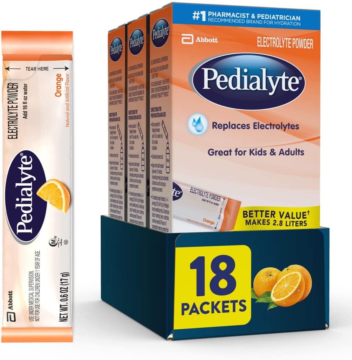 Pedialyte Electrolyte Powder Packets, Orange, Hydration Drink, 18 Single-Serving Powder Packets