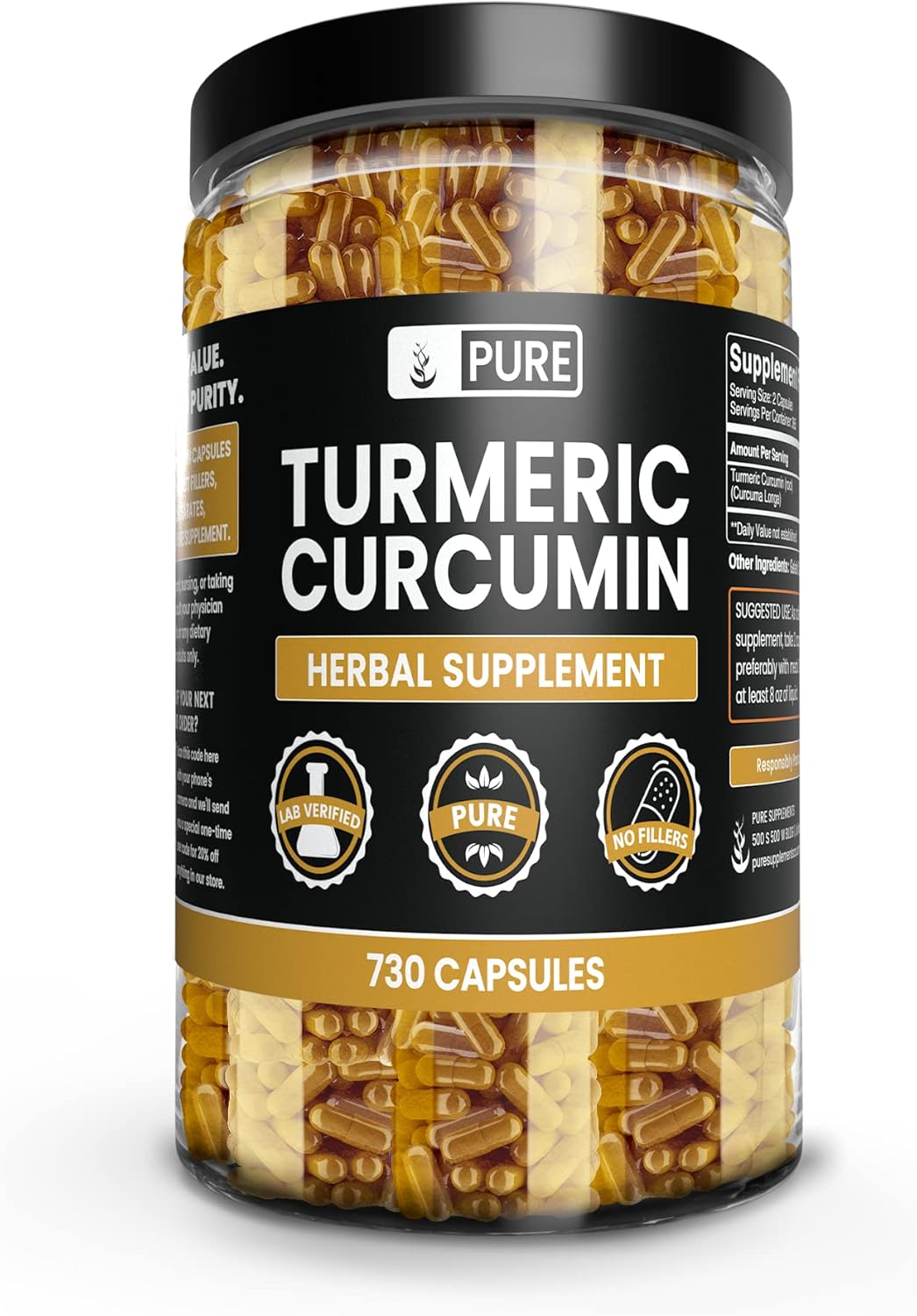 Pure Original Ingredients Turmeric Curcumin 730 Capsules No Magnesium Or Rice Fillers, Always Pure, Lab Verified