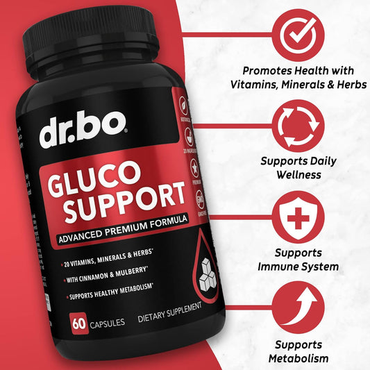 Gluco Support Supplement Capsules - Boost Metabolism Supplements, Vitamin Herbal Formula Pill - Ultra Balance Optimizer Vitamins, Chromium, Cinnamon, Bitter Melon Leaf, Gymnema, Vanadium - 60 Pills