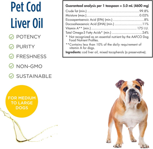 Nordic Naturals Pet Cod Liver Oil, Unflavored - 8 Oz - 1104 Mg Omega-3 Per Teaspoon - Fish Oil For Dogs With Epa & Dha - Promotes Skin, Coat, Joint, & Immune Health