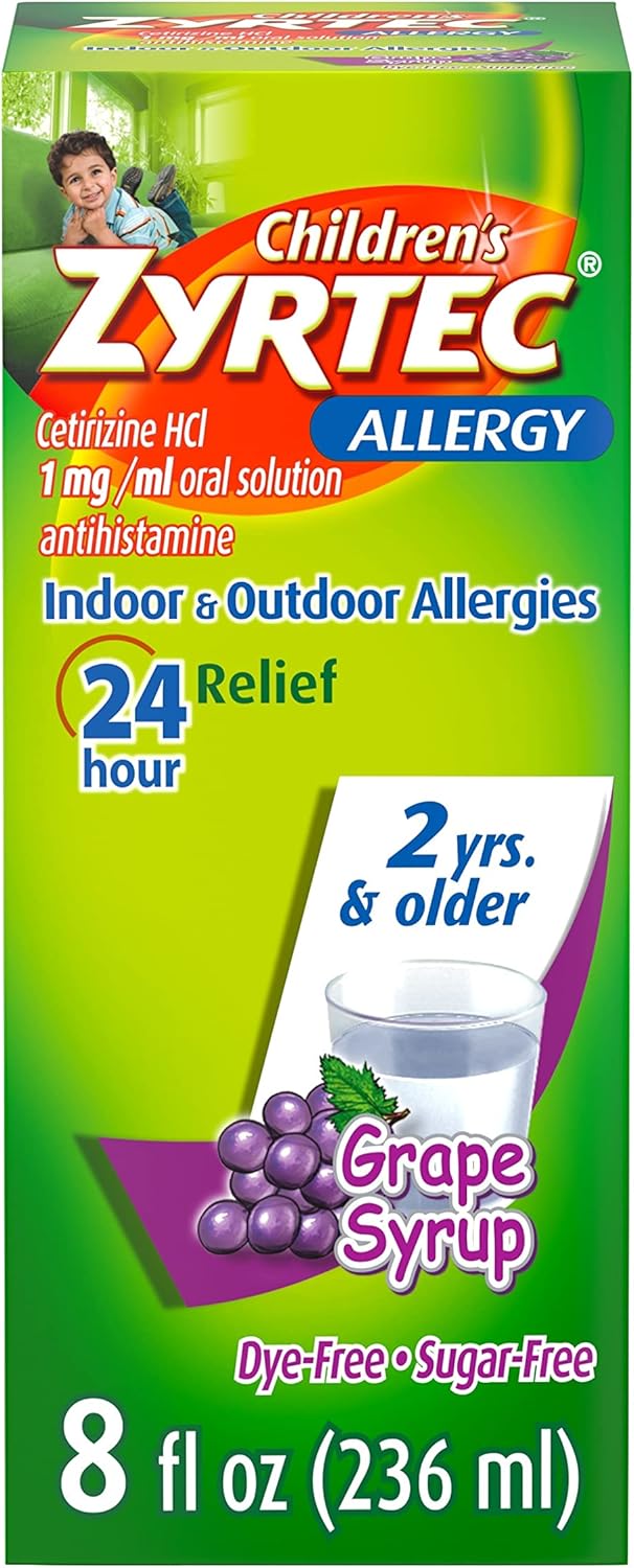 Zyrtec 24 Hour Children'S Allergy Syrup With Cetirizine Hcl, Antihistamine Allergy Medicine For Indoor & Outdoor Allergy Relief For Kids, Dye-Free & Sugar-Free, Grape Flavor, 8 Fl. Oz