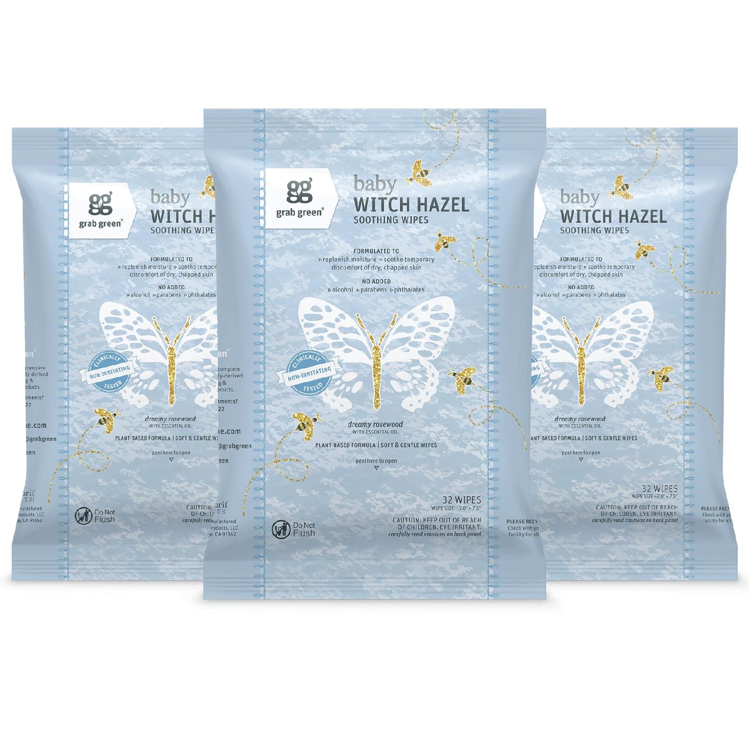 Grab Green Baby Witch Hazel Soothing Wipes, 96 Wipes, Dreamy Rosewood Scent, Plant And Mineral Based, Biodegradable, Soothe Common Skin Irritations Such As Diaper Rash, No Alcohol, Packaging May Vary