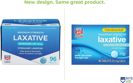 Rite Aid Maximum Strength Laxative, Sennosides USP Tablets, 25 mg, 96 Count | Constipation Relief Laxative Extra Strength | Overnight Fast Acting Laxative | Fiber Supplement & Stool Softeners Softgels