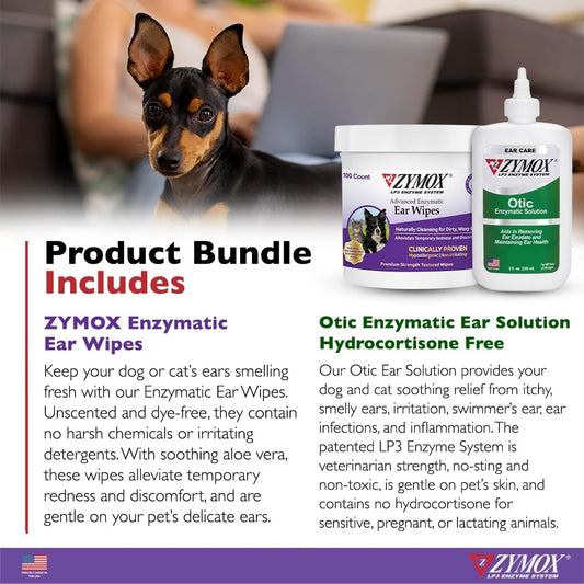 Zymox Enzymatic Ear Wipes And Otic Ear Solution Hydrocortisone Free For Dogs And Cats - Product Bundle - For Dirty, Waxy, Smelly Ears And To Soothe Ear Infections, 100 Count Wipes And 8 Oz Bottle