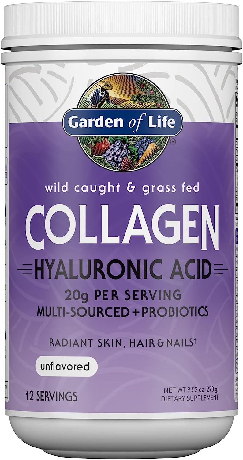 Garden of Life Marine & Grass-Fed Collagen Peptides Powder Supplement (Type I, III) with Probiotics, BCAAs & Hyaluronic Acid for Radiant Hair, Skin & Nails ? Unflavored, 20g per Serving, 12 Servings
