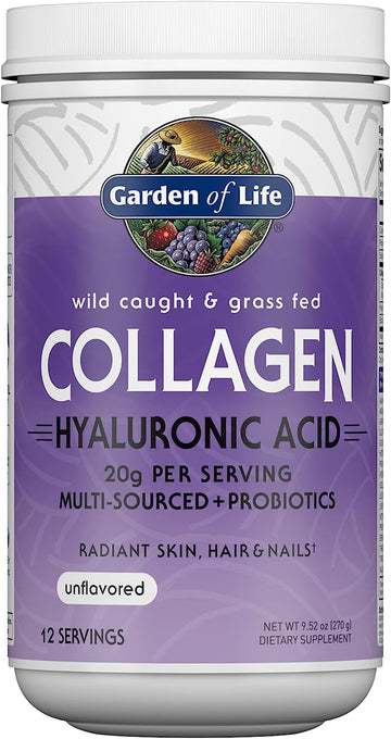 Garden of Life Marine & Grass-Fed Collagen Peptides Powder Supplement (Type I, III) with Probiotics, BCAAs & Hyaluronic Acid for Radiant Hair, Skin & Nails ? Unflavored, 20g per Serving, 12 Servings