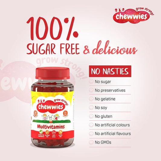 Chewwies Multivitamin Gummies | Sugar-Free Chewable Vitamin Gummies | Vegan & Vegetarian | Soft Raspberry Flavor | Halal & Gluten-Free | Essential Nutrients For Kids & Adults | Daily Health Support