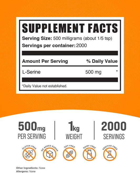 BulkSupplements.com L-Serine Powder - Serine Supplement, L-Serine 500mg - Amino Acid Supplement for Immune Support - Gluten Free, 500mg per Serving, 1kg (2.2 lbs) (Pack of 1)