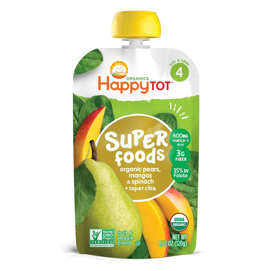 Happy Tot Organics Super Foods Stage 4, Pears, Mangos And Spinach + Super Chia, 4.22 Ounce Pouch (Pack Of 8)