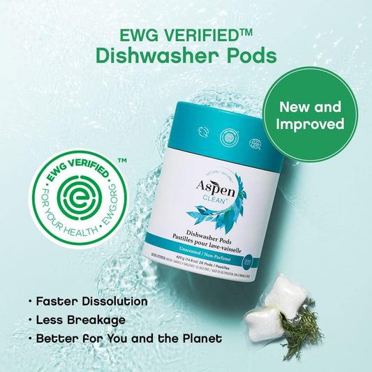 Unscented Dishwasher Pods by AspenClean, New and Improved Packaging, Zero Plastic, EWG Verified™, Vegan, Eco-Friendly, Natural Dishwasher Detergent - 28 Count