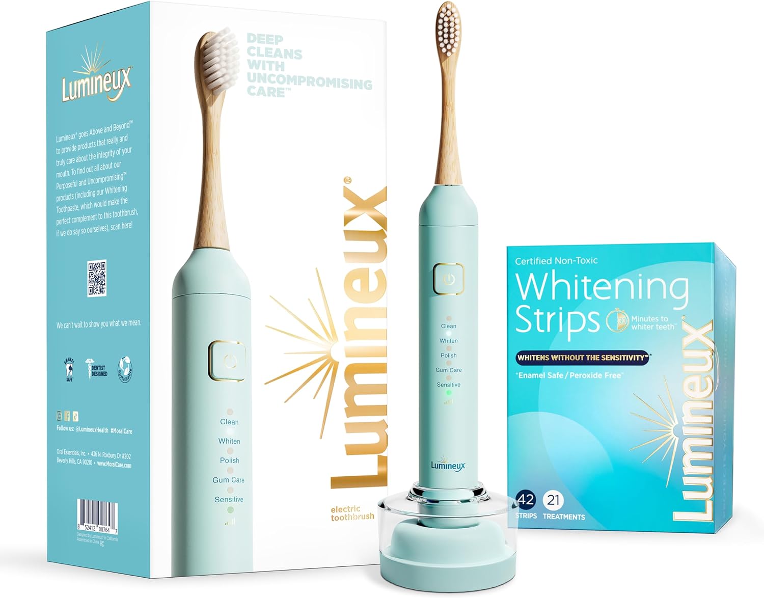 Lumineux Teeth Whitening Strips (21 Pack) & Electric Bamboo Toothbrush