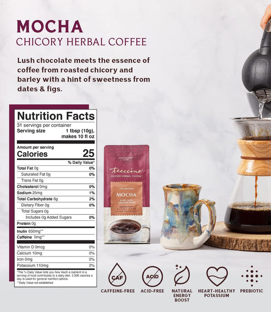 Teeccino Mocha Chicory Coffee Alternative - Ground Herbal Coffee That’S Prebiotic, Caffeine-Free & Acid Free, Medium Roast, 11 Ounce