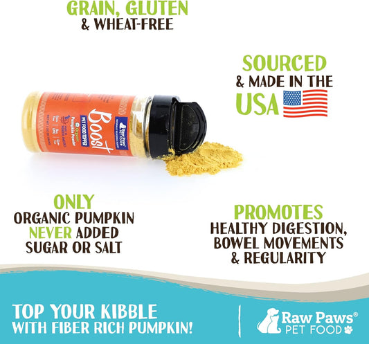 Raw Paws Boost Pet Food Topper Organic Pumpkin Powder, 3-Oz - Made In Usa - Grain-Free Dog Toppers For Dry Food - Anti Scoot Powder Pumpkin For Dogs - Vegan Dog Food Gravy - Dog Meal Toppers For Dogs
