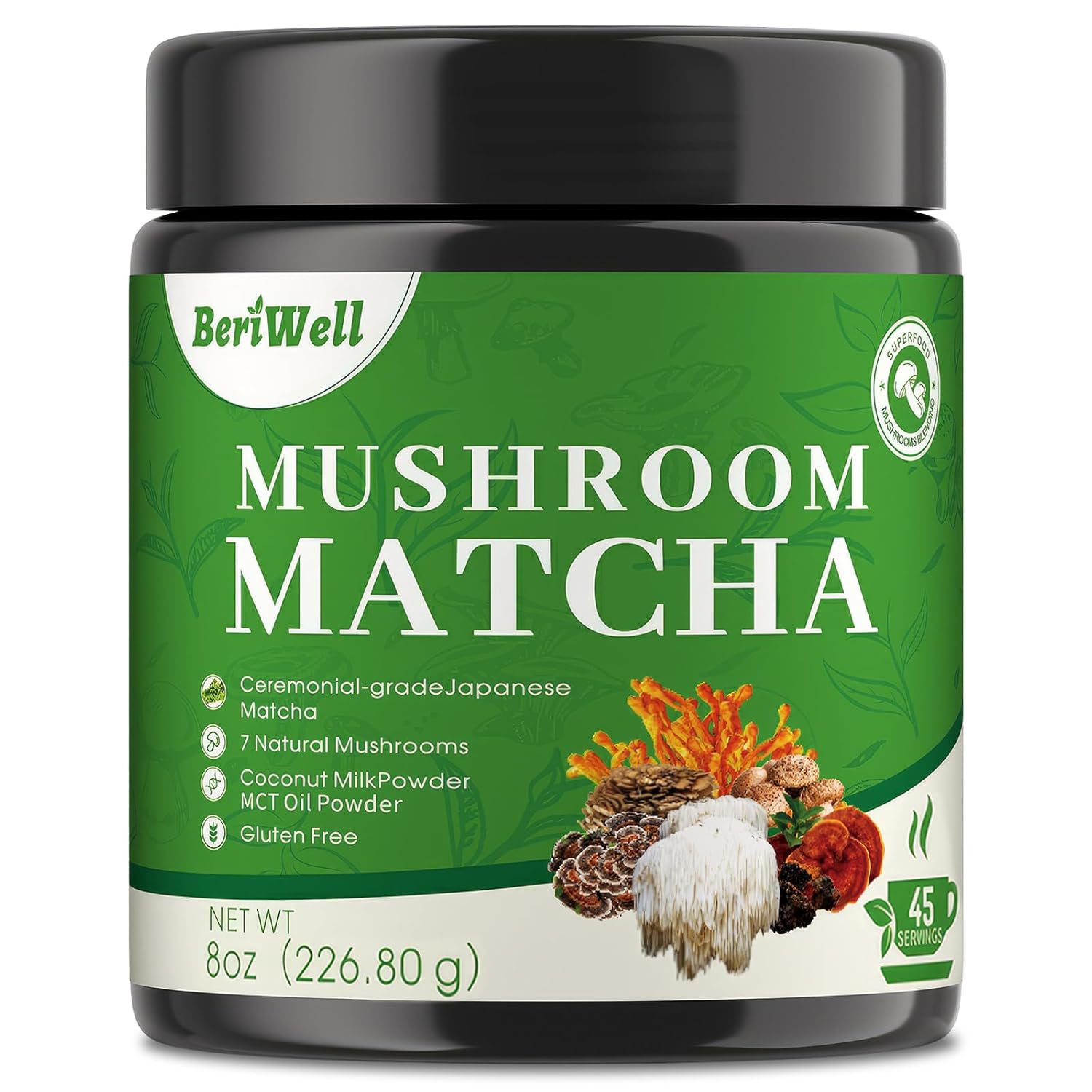 Mushroom Matcha Powder, Japanese Ceremonial Matcha Infused With 7 Superfood Mushrooms, Mct Oil, Coconut Milk Powder, Natural, Gluten Free, Taste Great Matcha Latter 8 Oz(45 Servings)