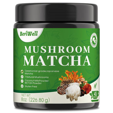 Mushroom Matcha Powder, Japanese Ceremonial Matcha Infused With 7 Superfood Mushrooms, Mct Oil, Coconut Milk Powder, Natural, Gluten Free, Taste Great Matcha Latter 8 Oz(45 Servings)