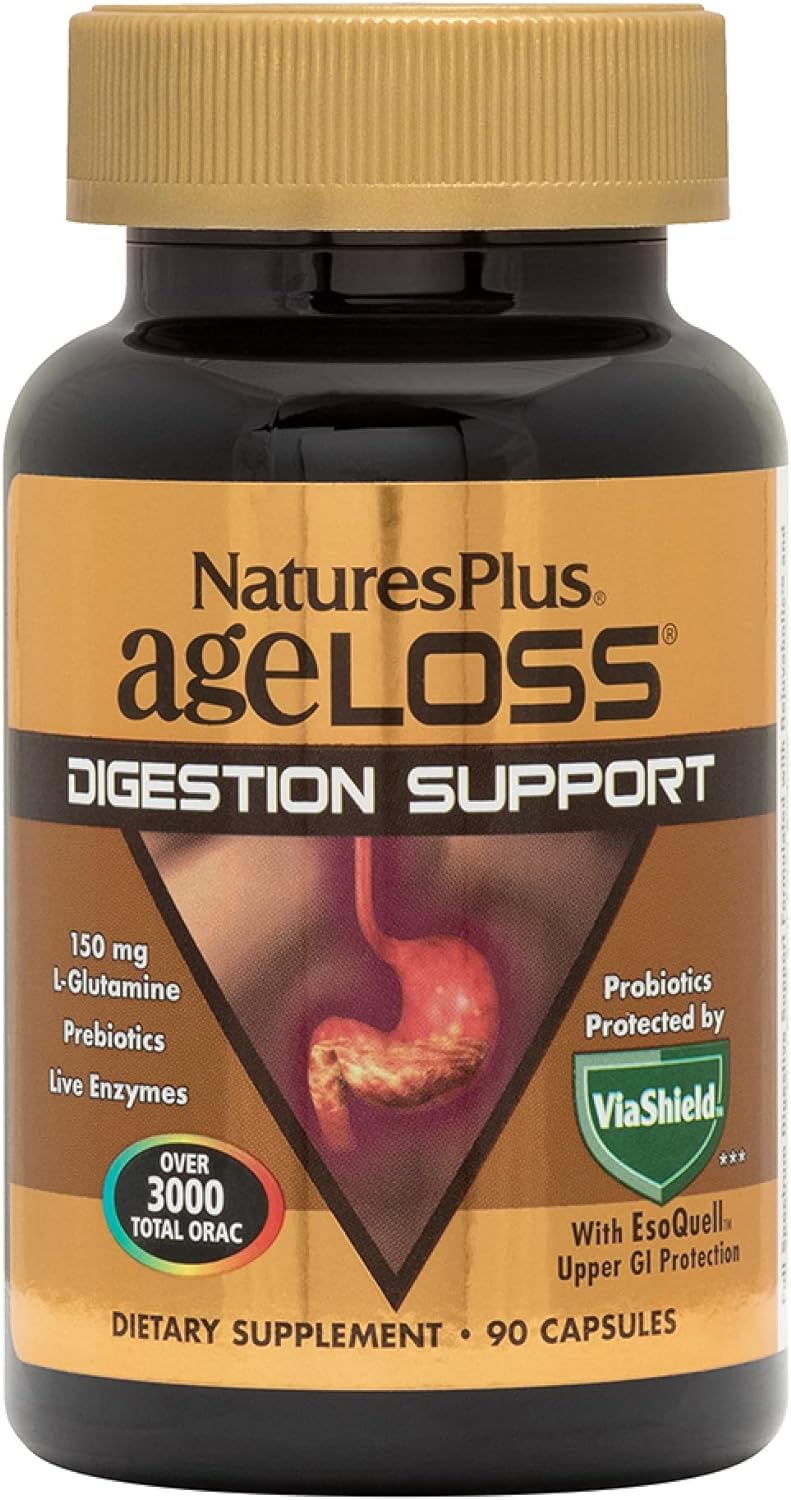 NaturesPlus AgeLoss Digestion Support - 90 Capsules - Prebiotics, Live Enzymes & 150 mg L-Glutamine - Gluten Free - 30 Servings