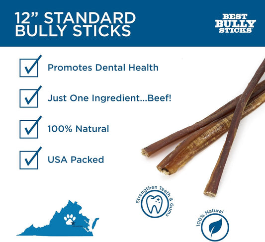 Best Bully Sticks 12 Inch All-Natural Bully Sticks For Dogs - 12” Fully Digestible, 100% Grass-Fed Beef, Grain And Rawhide Free | 25 Pack