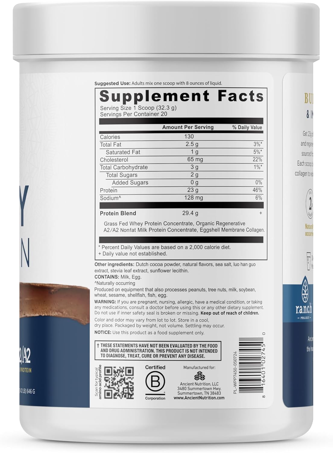 Ancient Nutrition Grass Fed Whey Protein, Milk Chocolate, 23g Protein, 20 Servings, Hydrolyzed Collagen Peptides, Organic Regenerative A2/A2 Milk Protein : Health & Household