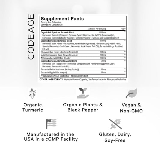 Codeage Organic Turmeric Supplement - 95% Curcumin Extract Pills - Liposomal Fermented Botanical Blend Black Pepper, Ashwagandha, Ginger, Stephania, Boswelia, Cumin, Digestive Bitters - 90 Capsules