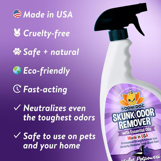 Bodhi Dog Pet Deskunk Spray Odor Eliminator | Skunk Smell Remover Eliminates Skunked Smells Using Essential Oils On Dogs, Cats, Furniture, Carpet, Clothing And More 32Oz