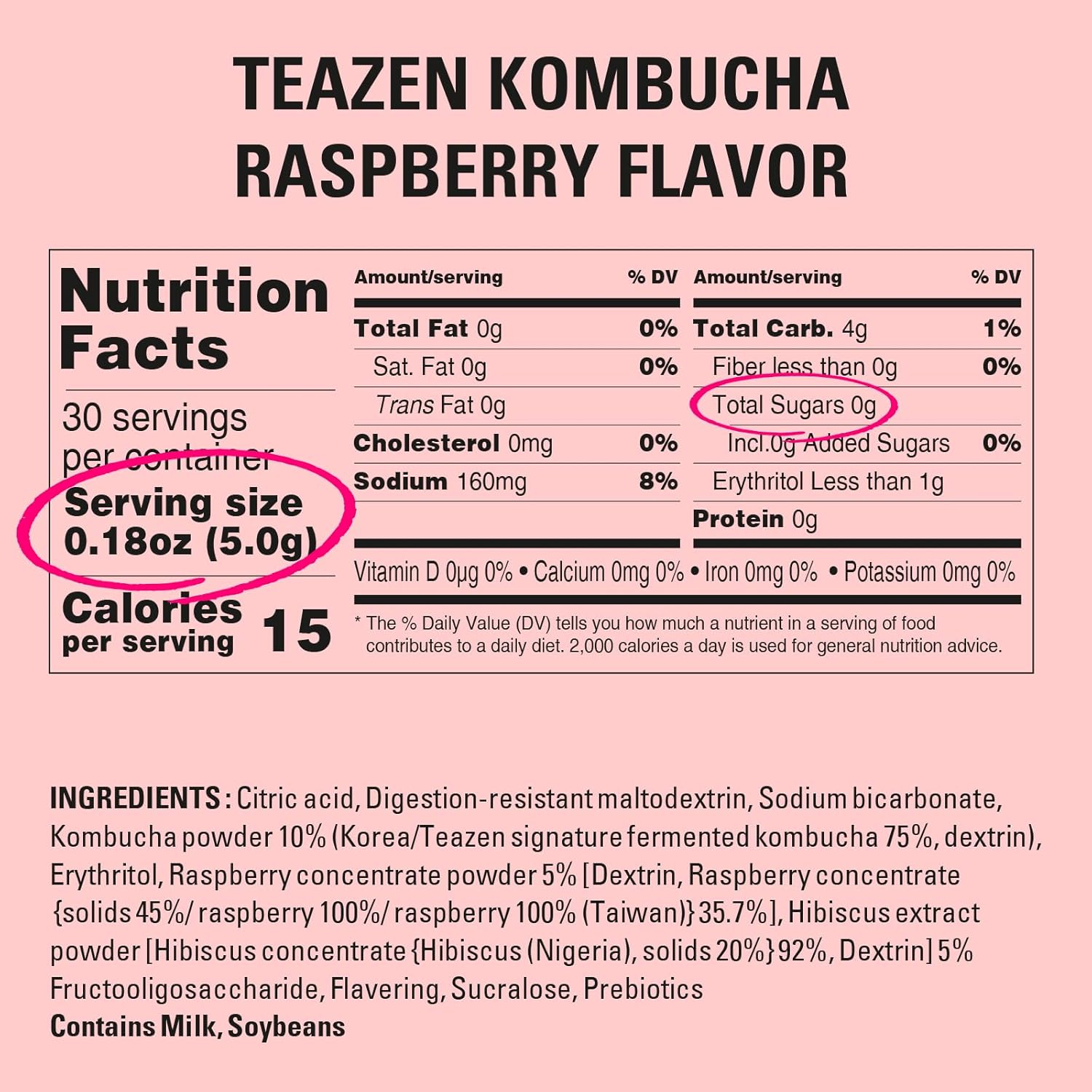 Teazen Raspberry Kombucha Tea, Hydration Drink Mix, Sugar Free, Live Probiotics & Prebiotics, 30 Sticks, 5.29Oz