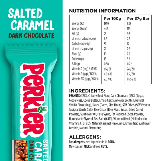 Perkier Salted Caramel Dark Chocolate Bars (15 Bars), Vegan, Gluten Free, Protein, High Fibre, Lower Sugar Snack, Natural Ingredients, Lower Calorie, Healthy, No Palm Oil, Nut Bar, Carbon Neutral