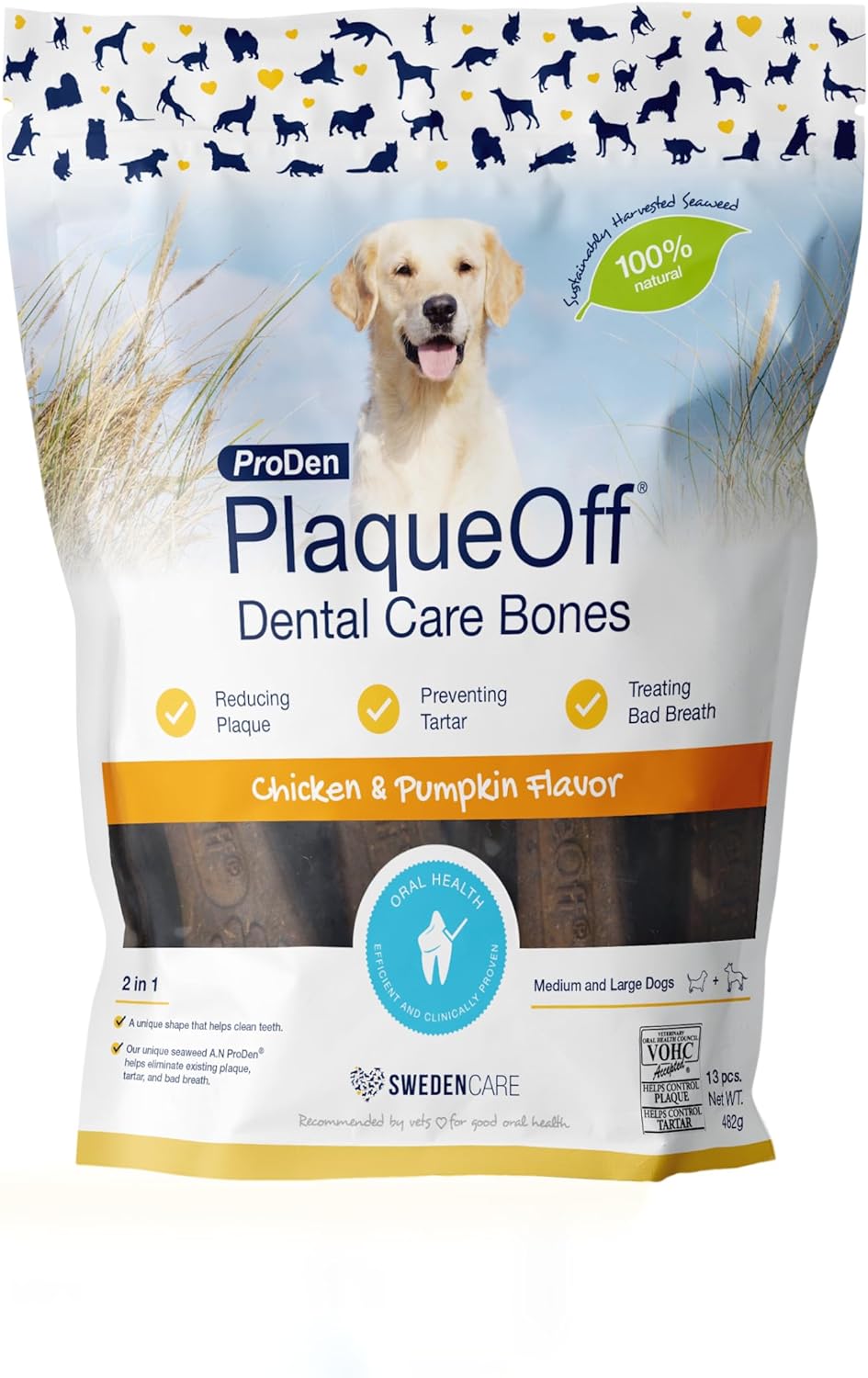 Swedencare UK ProDen PlaqueOff Dental Bones Chicken and Pumpkin (Pack of 13 – 485 g) |for Dogs Over 10 kg | Bad Breath, Plaque, Tartar?PDDCB2