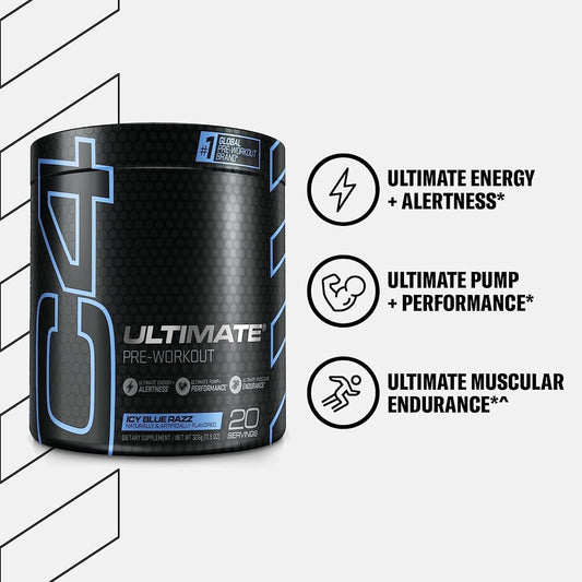 Cellucor C4 Ultimate Pre Workout Powder Icy Blue Razz - Sugar Free Preworkout Energy Supplement For Men & Women - 300Mg Caffeine + 3.2G Beta Alanine + 2 Patented Creatines - 20 Servings